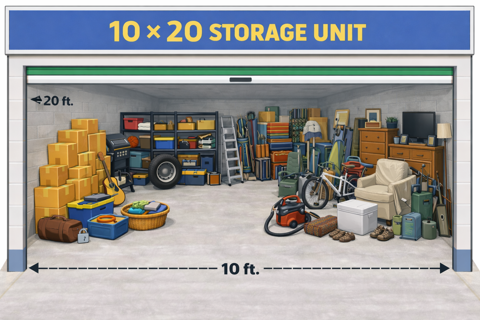 10x20 storage unit filled with boxes, furniture, and other belongings.