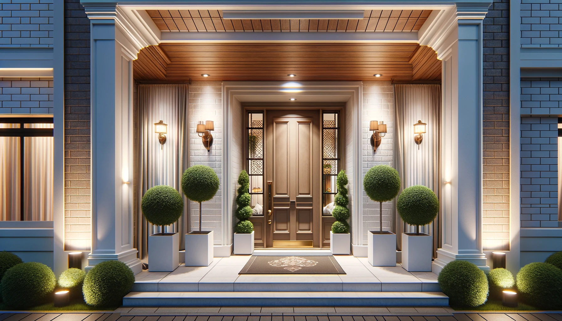 The front door of a house with a porch and plants in front of it.