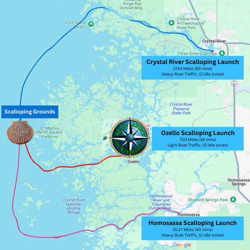 A map showing the route of the crystal river scalloping launch