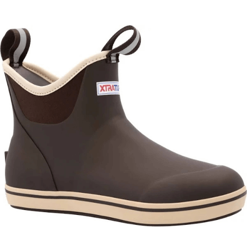 Brown and beige ankle-high waterproof fishing boot with pull loops.
