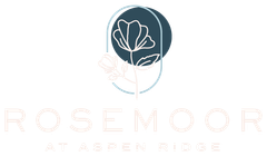 Logo for Rosemoor at Aspen Ridge with a dark teal flower emblem and pale pink text