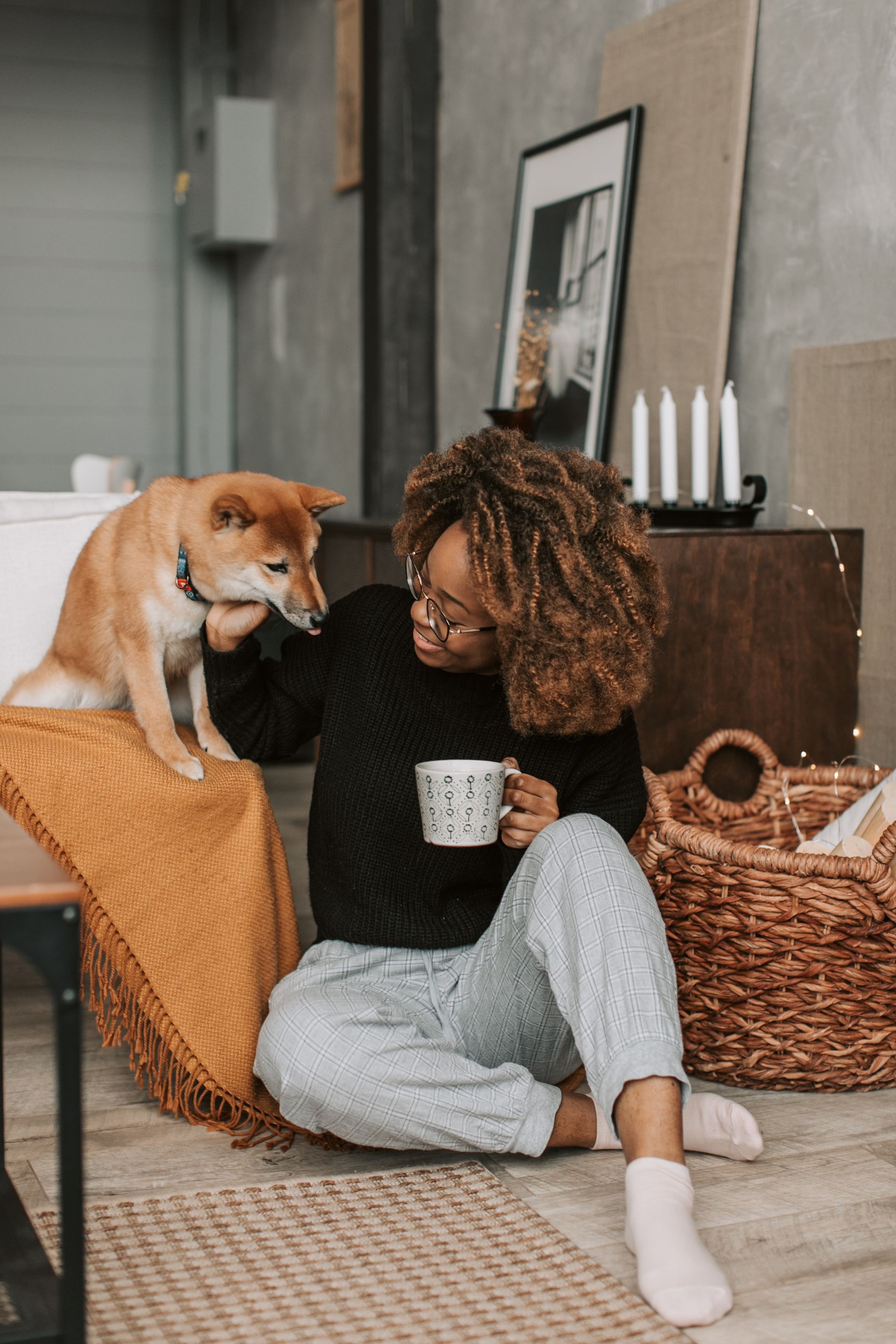 Person sitting on a rug with a dog on a wicker chair in a cozy indoor living room