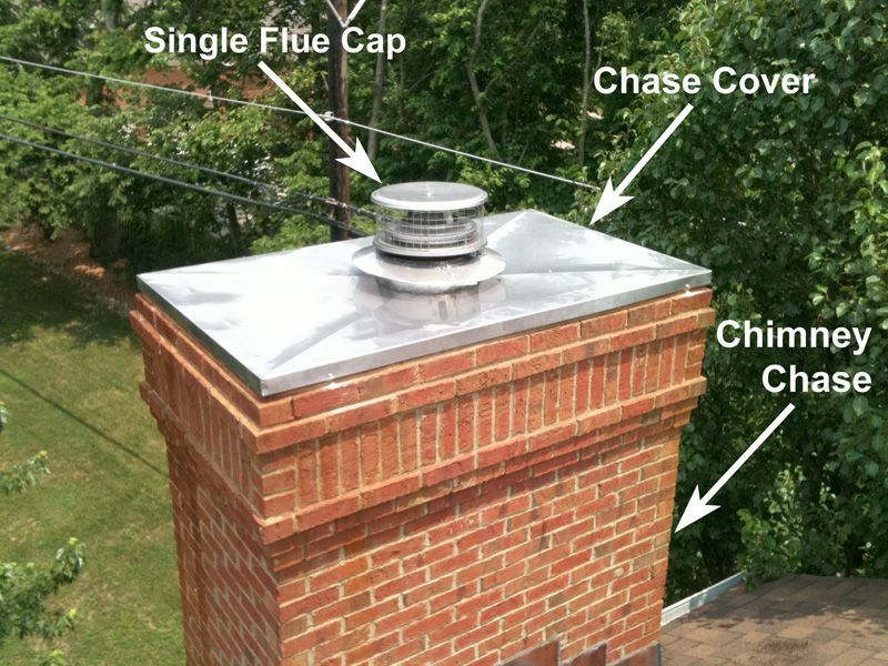 Brick chimney with silver chase cover and single-flue cap on a roof, labeled with arrows