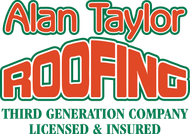 Alan Taylor Roofing logo in red, green, and white, with “Third Generation Company” and “Licensed & Insured” text