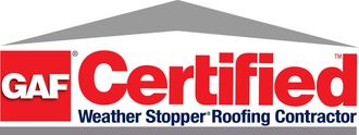 GAF Certified Weather Stopper Roofing Contractor logo with gray roof graphic and red text