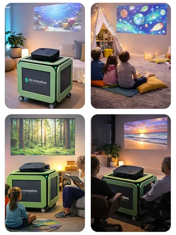 Vier panelen tonen een draagbare groene projectorstandaard die in huizen wordt gebruikt om verschillende natuur- en ruimtebeelden op muren te projecteren.