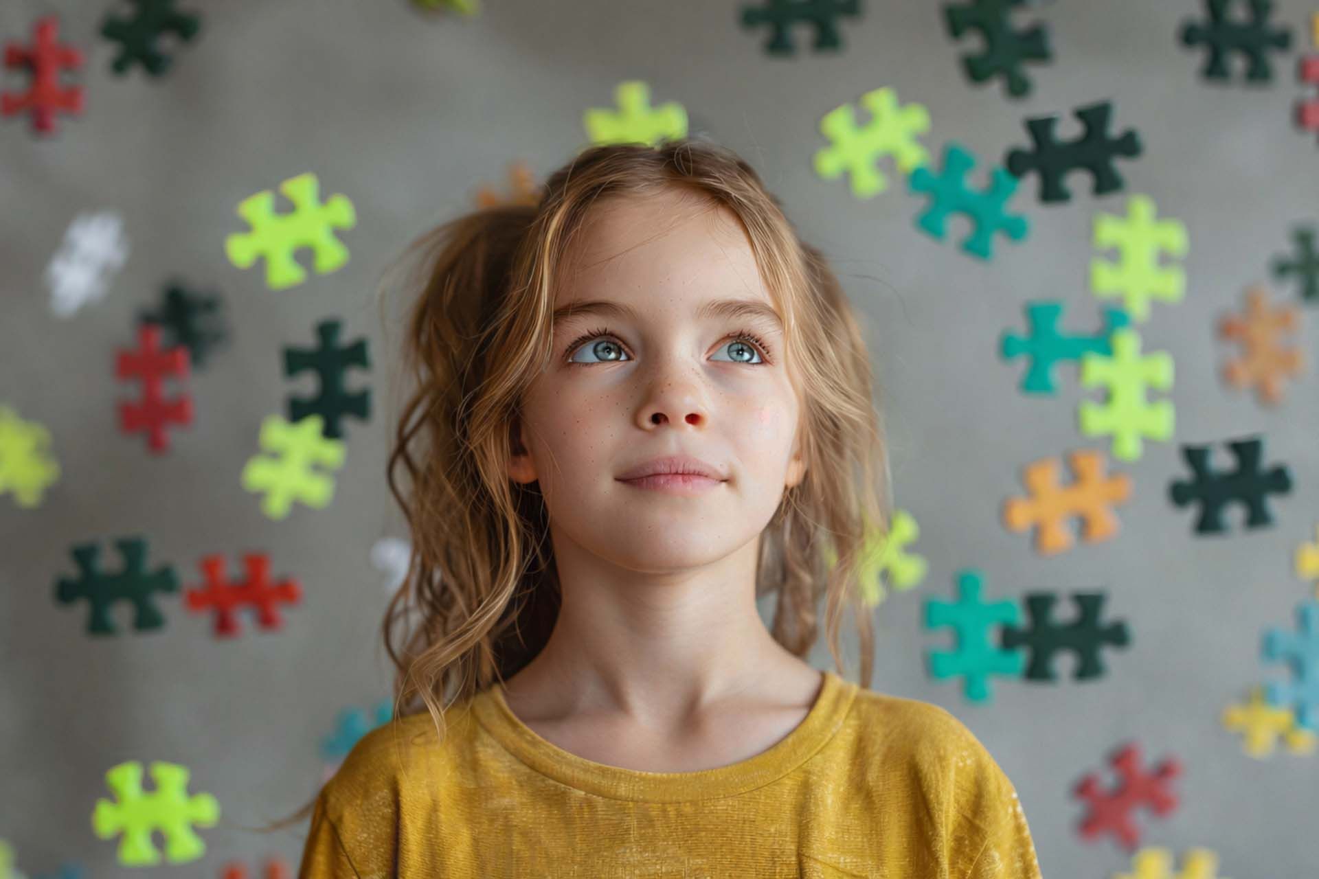 Een persoon met blond haar in een geel shirt tegen een grijze muur bedekt met diverse kleurrijke puzzelstukjes.