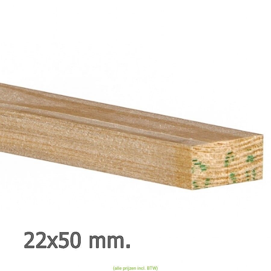 Vuren geschaafd 22x50 mm. VULLATTEN. Diverse lengtes