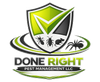 Done Right Pest Management LLC logo with green shield, checkmark, and insects on a white background