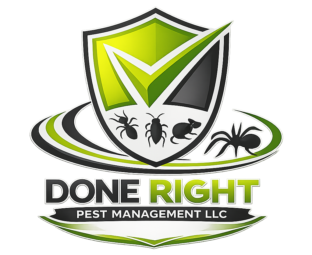 Done Right Pest Management LLC logo with green shield, checkmark, and insects on a white background