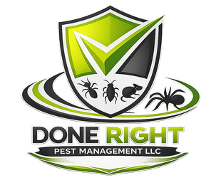 Done Right Pest Management LLC logo with green shield, checkmark, and insects on a white background