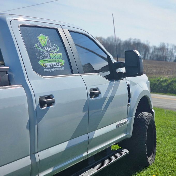Silver pickup truck on a roadside, with custom window decal and black side step, in bright daylight