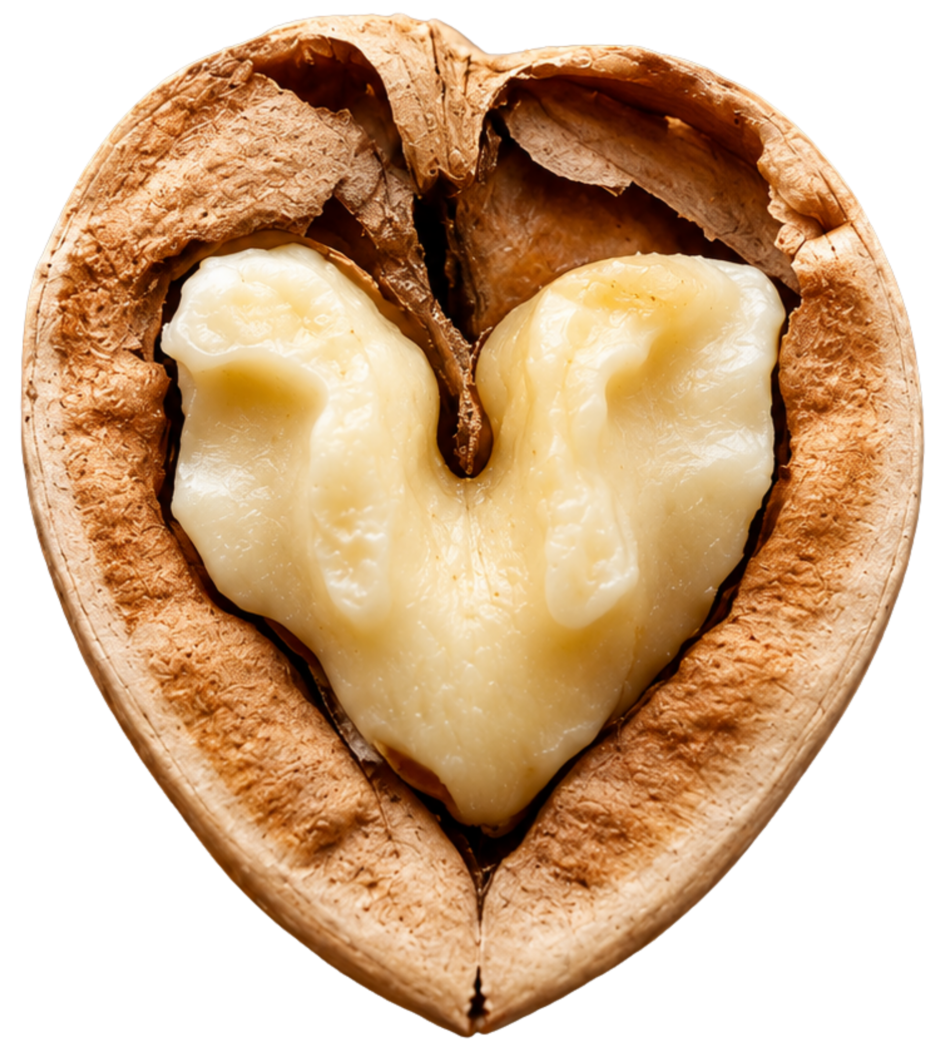Heart-shaped walnut shell with a creamy white heart-shaped filling on a white background