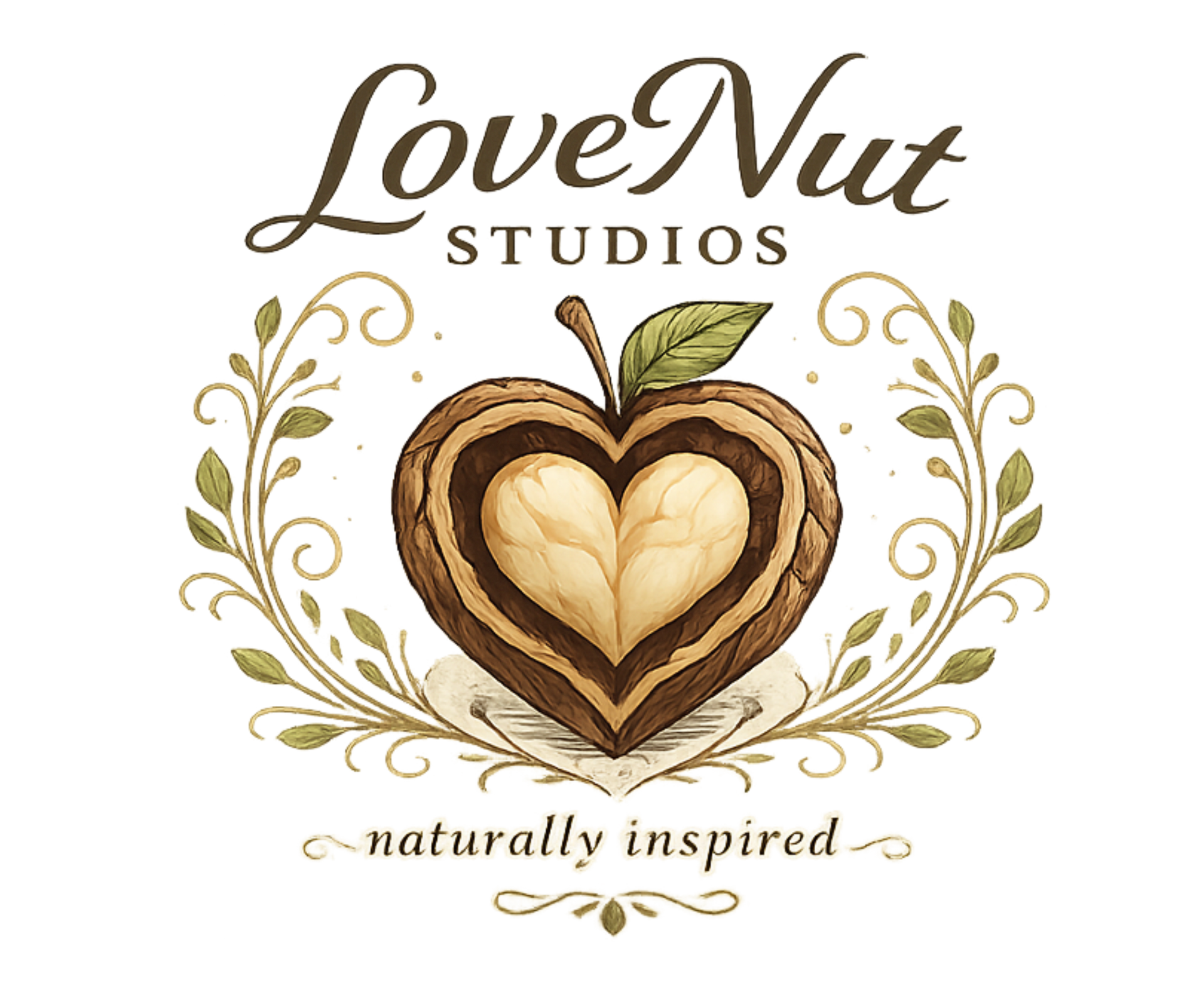 LoveNut Studios logo with heart-shaped walnut and “naturally inspired” text