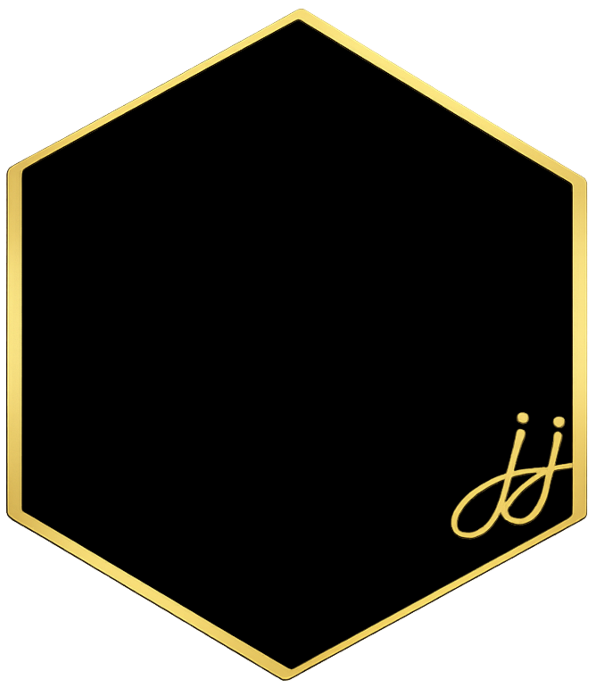 Black hexagon with a gold border and gold initials in the lower right corner
