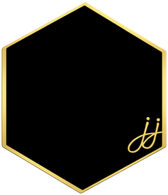 Black hexagon with a gold border and gold initials in the lower right corner
