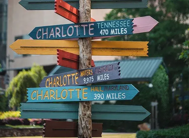 Signpost with colorful arrows pointing to Charlotte, Tennessee, Maryland, and other locations with mileage.