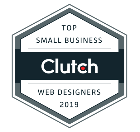 Clutch award badge reading “Top Small Business Web Designers 2019” in gray and black hexagon logo