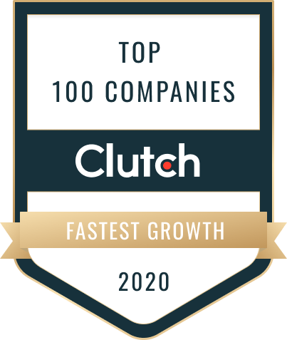 Clutch Top 100 Companies Fastest Growth 2020 award badge in navy, white, and gold