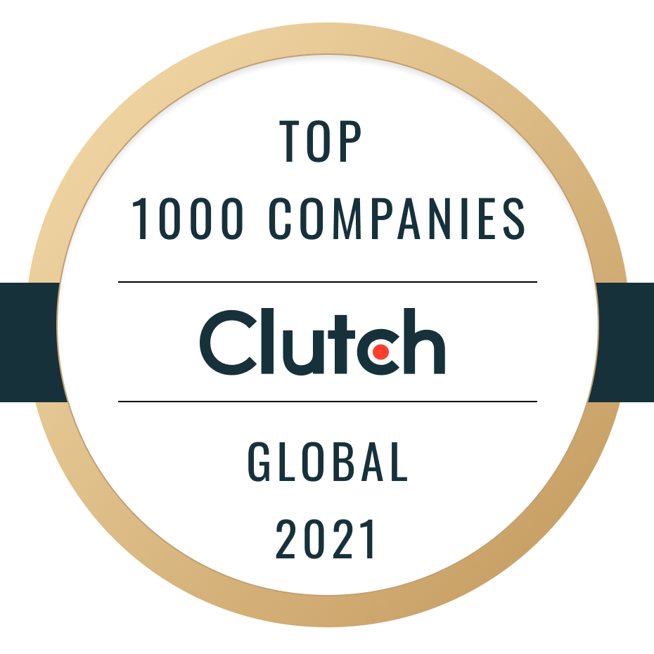 Clutch Global 2021 Top 1000 Companies badge with gold ring and navy text