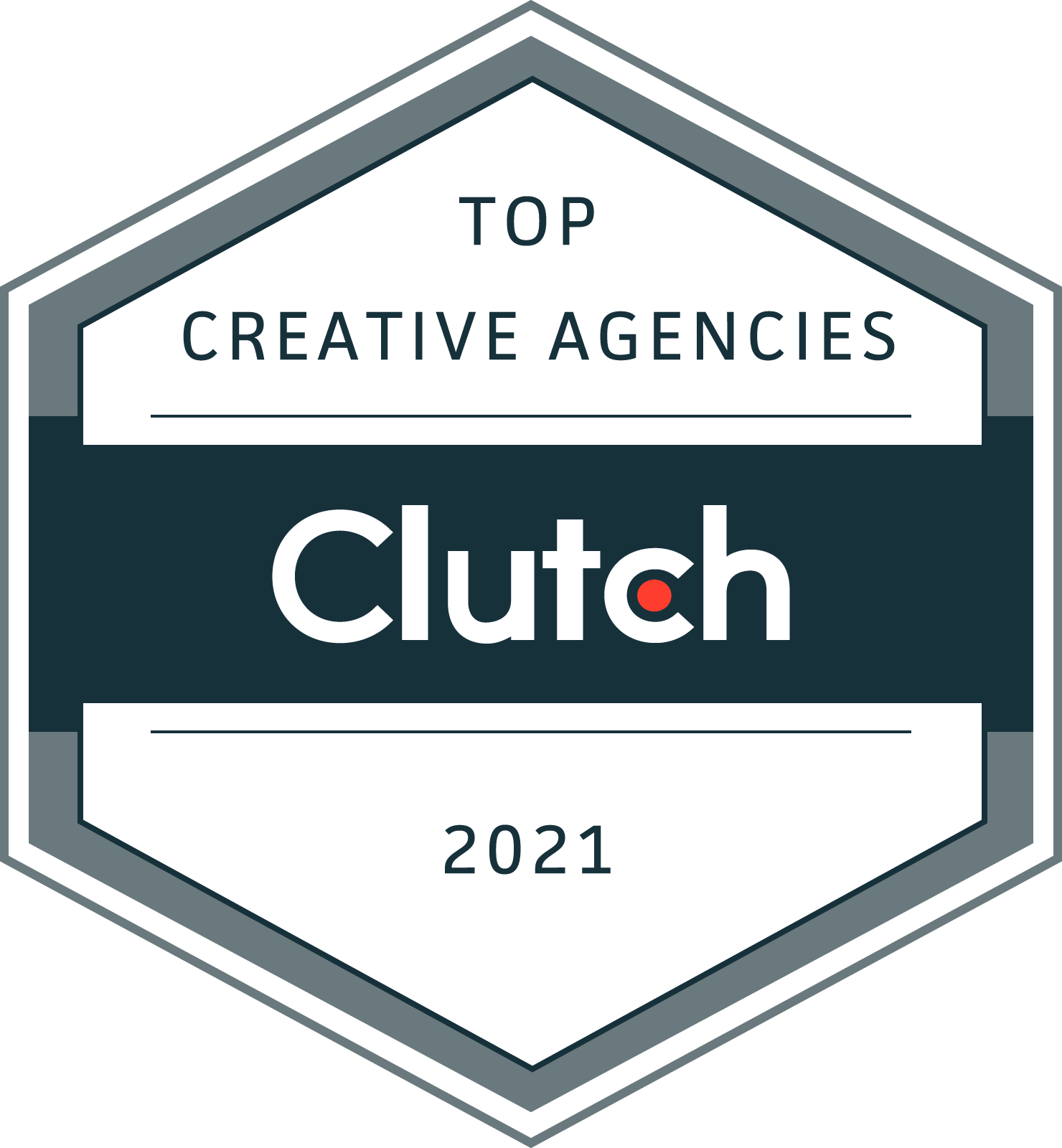 Clutch Top Creative Agencies 2021 award badge with gray hexagon border and dark teal center