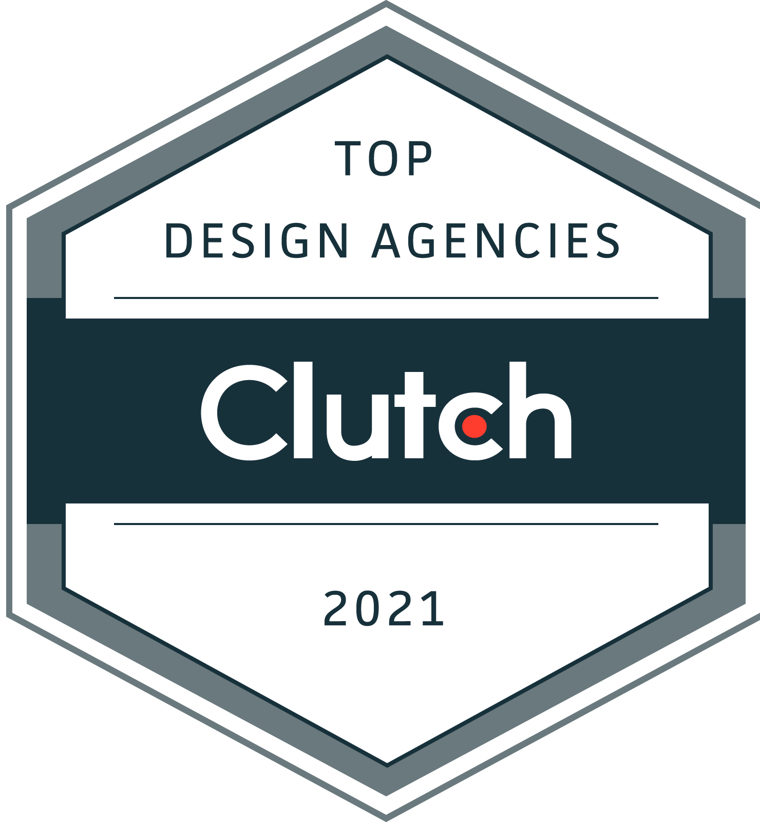 Clutch Top Design Agencies 2021 badge in gray, white, and dark blue with hexagonal border