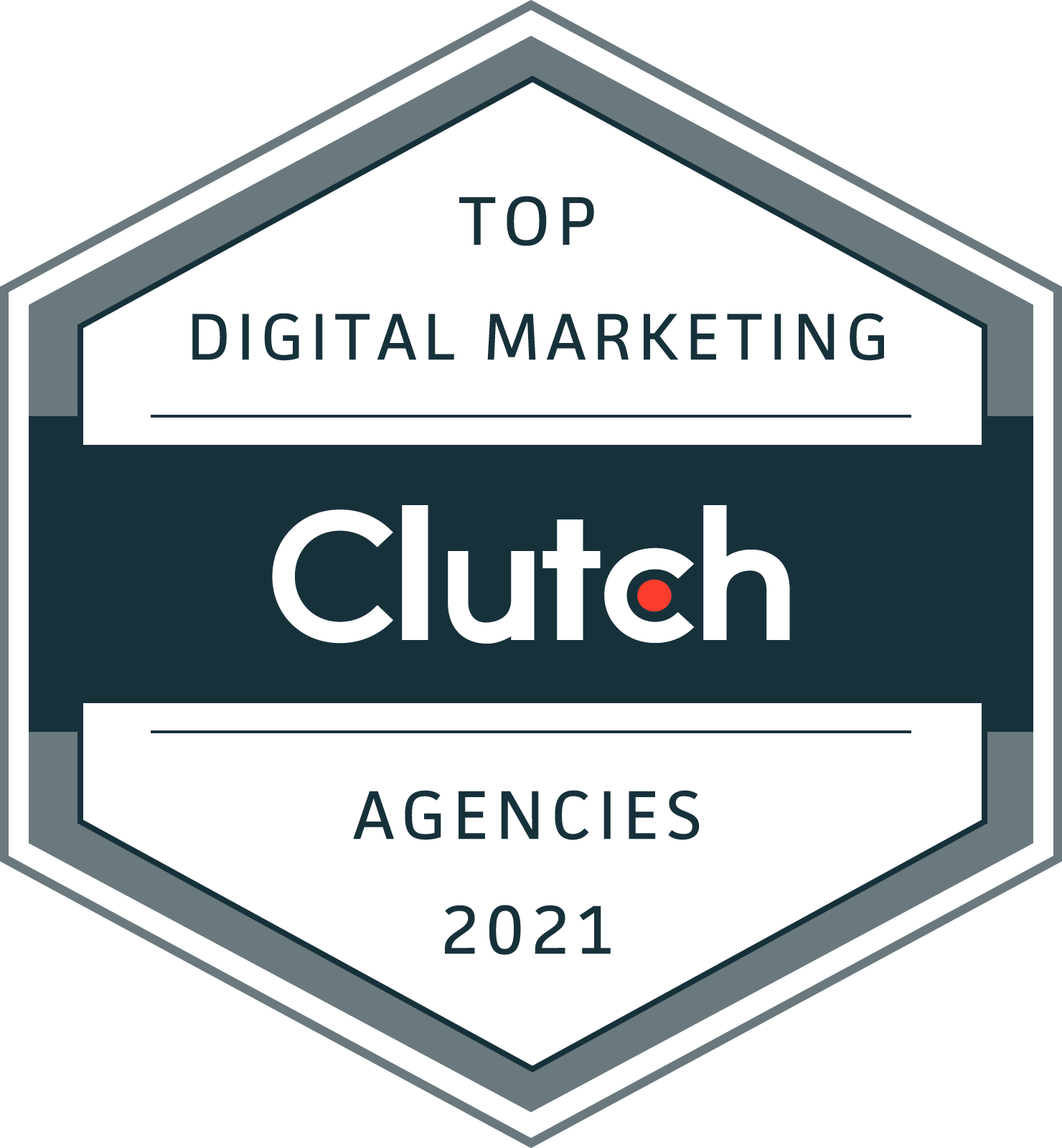 Clutch “Top Digital Marketing Agencies 2021” award badge in gray, white, and dark blue.