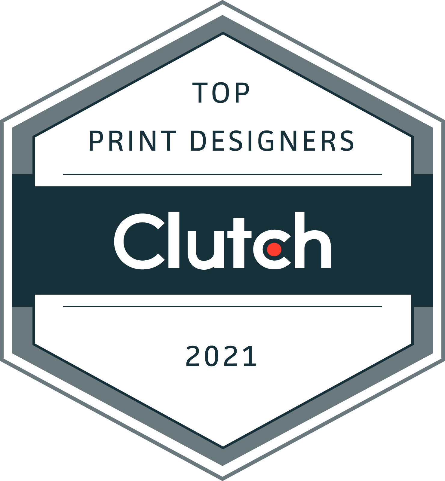 Clutch Top Print Designers 2021 award badge with gray hexagon and dark teal center