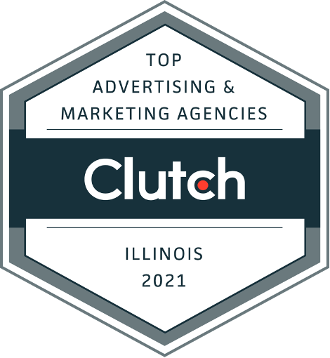 Clutch badge for Top Advertising & Marketing Agencies, Illinois 2021, in blue and white hexagon design
