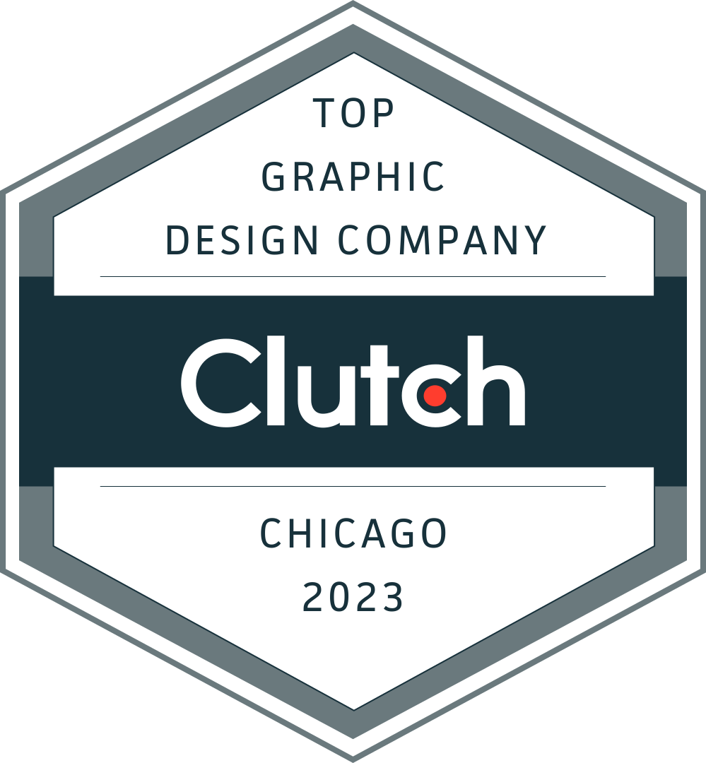 Clutch badge reading “Top Graphic Design Company,” Chicago 2023, in gray and dark teal hexagon.