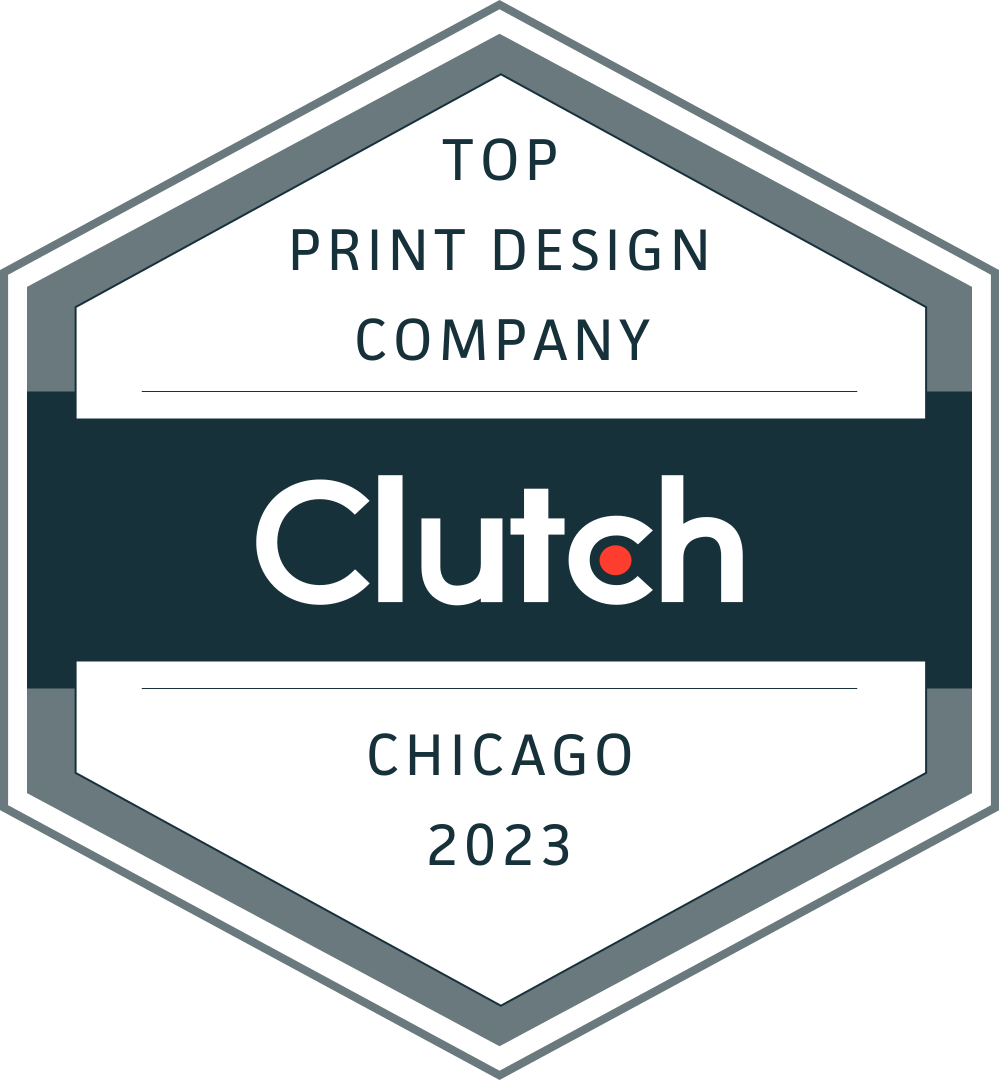 Clutch Top Print Design Company badge, Chicago 2023, in white, teal, and gray