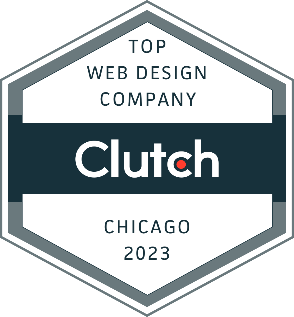 Clutch “Top Web Design Company” award badge for Chicago 2023 in gray, white, and dark teal