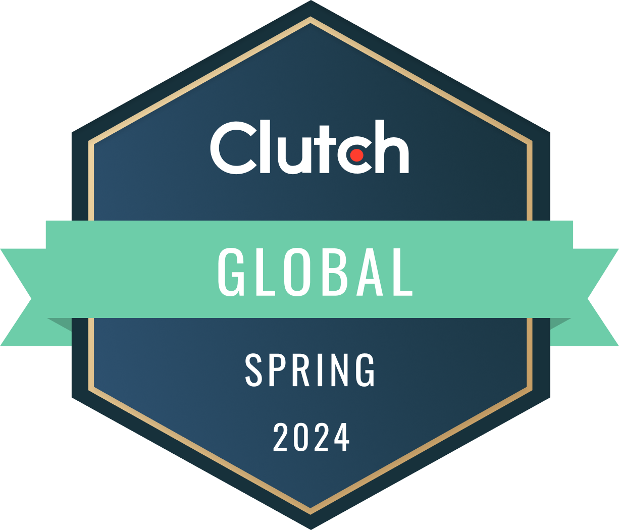 Clutch Global Spring 2024 award badge in navy, teal, and gold
