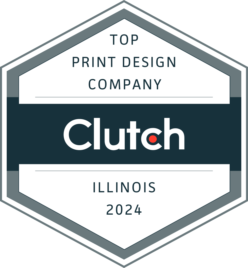 Clutch Top Print Design Company badge, Illinois 2024, in gray, teal, and white.
