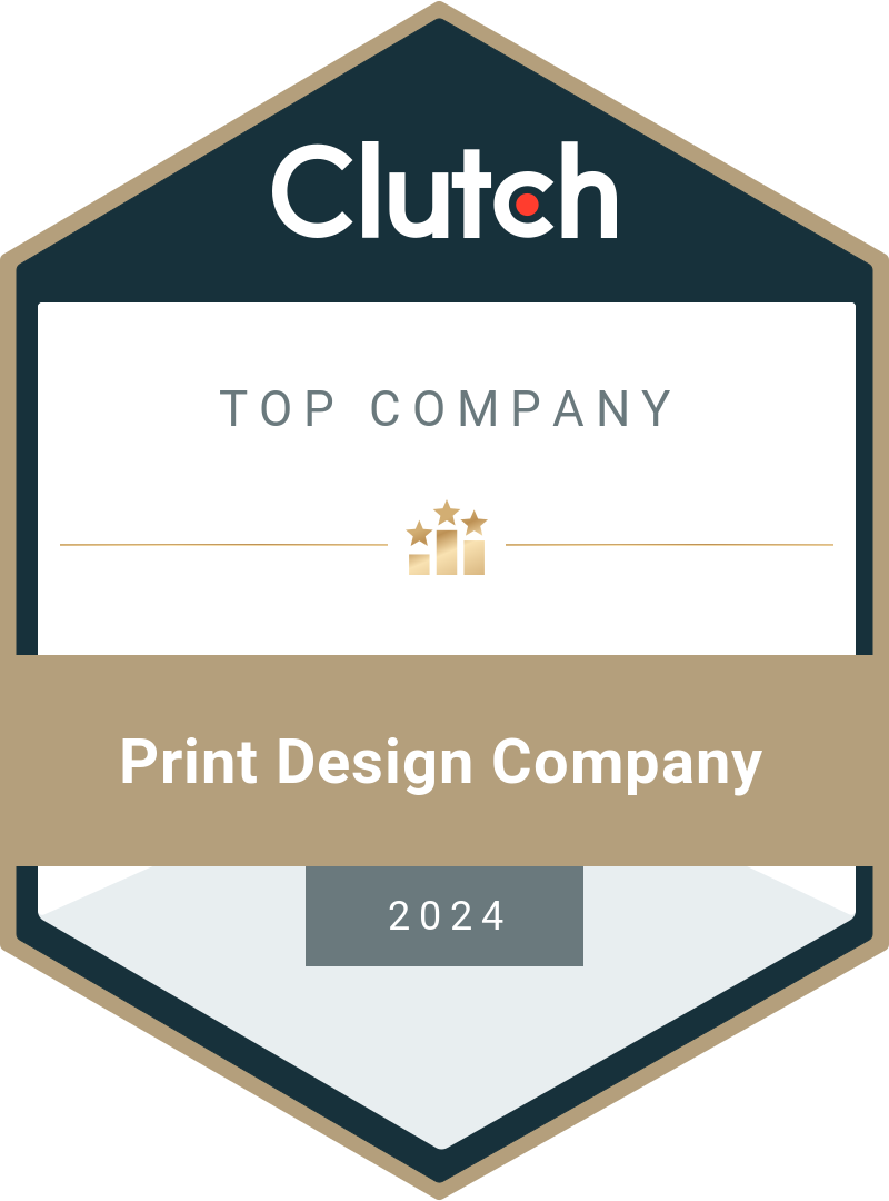 Clutch Top Company 2024 badge for Print Design Company, gold and white shield on dark background