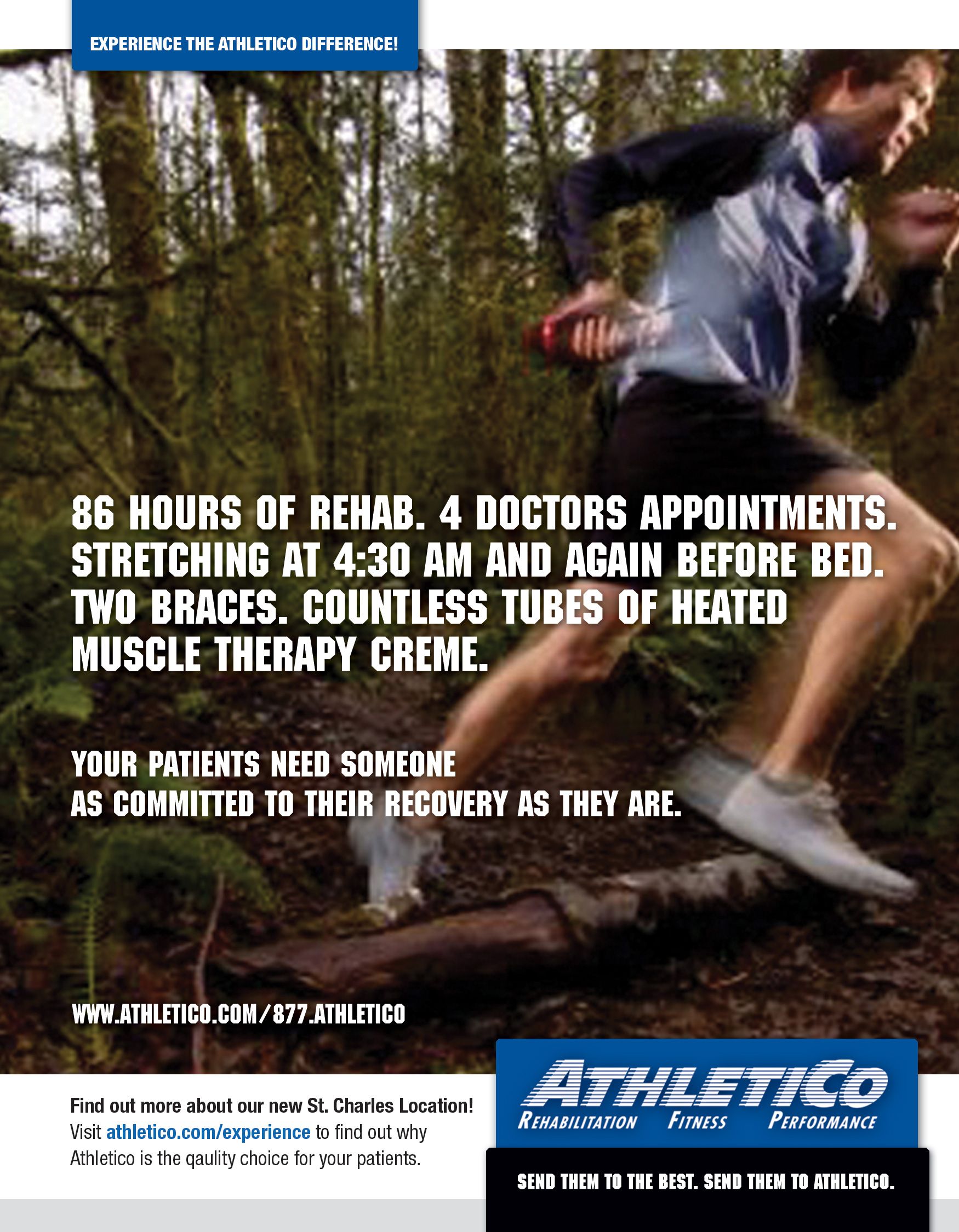 An advertisement for athletico shows a man running through the woods