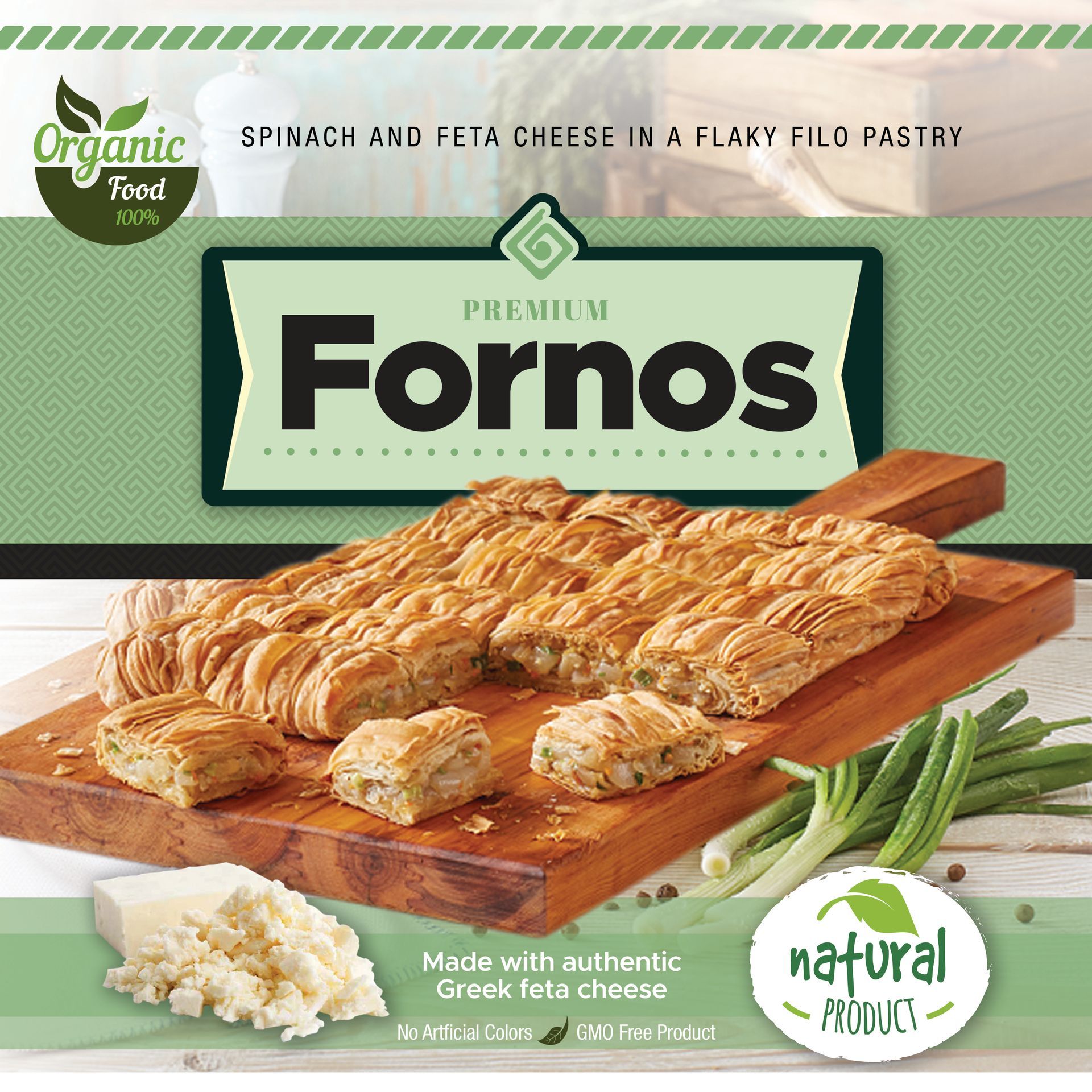 A package of fornos spinach and feta cheese on a cutting board