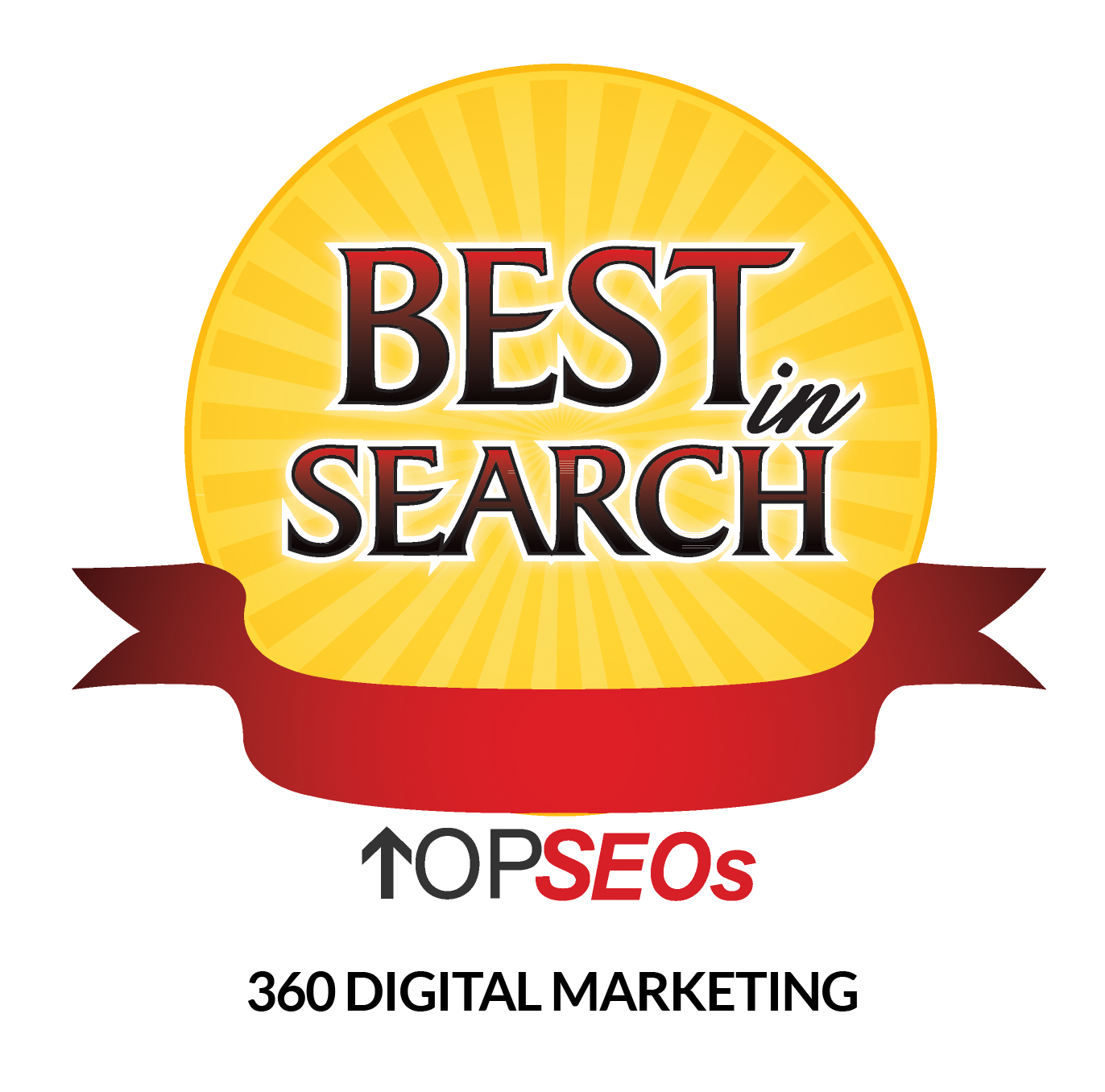 Best in Search logo with gold badge, red ribbon, and text “TOPSEOs 360 Digital Marketing”