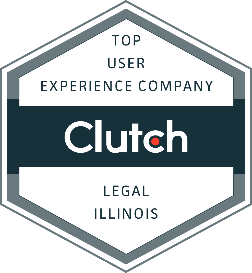 Clutch award badge for Top User Experience Company, Legal, Illinois, in gray and teal hexagon.