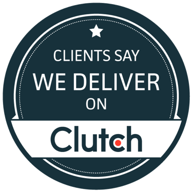 Dark teal “Clients Say We Deliver on Clutch” badge with white text and star icon