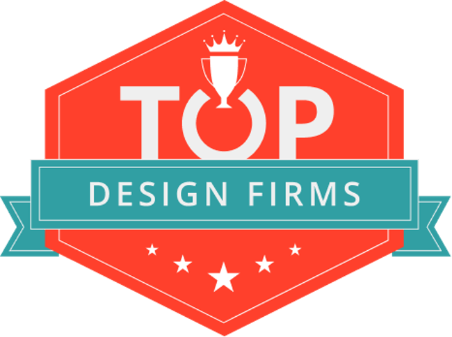 Red badge logo with “TOP” and a teal banner reading “DESIGN FIRMS”