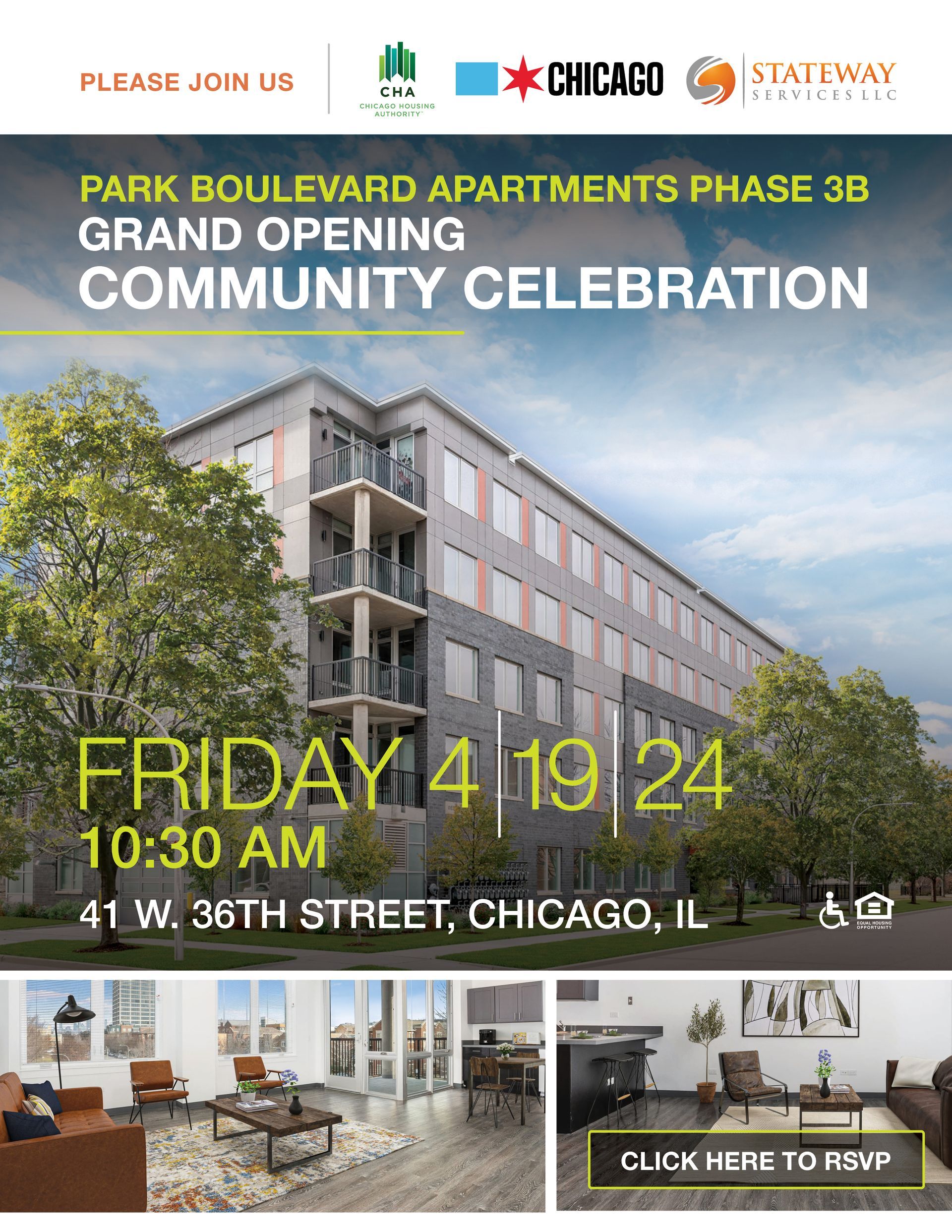 A flyer for a community celebration of park boulevard apartments phase 3b.