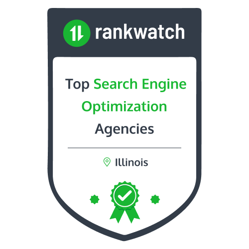 Rankwatch badge for top SEO agencies in Illinois, with green award ribbon on white background