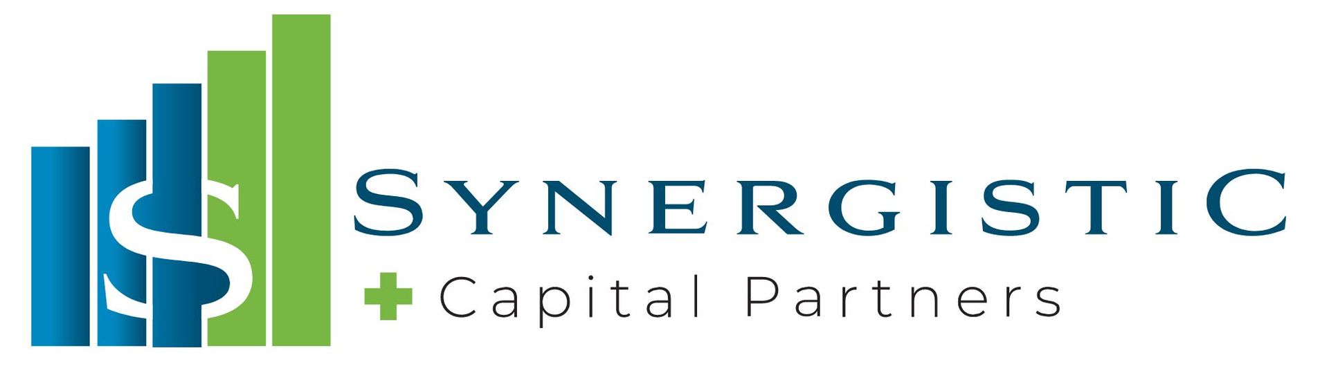 The synergistic capital partners logo is blue and green with a dollar sign.