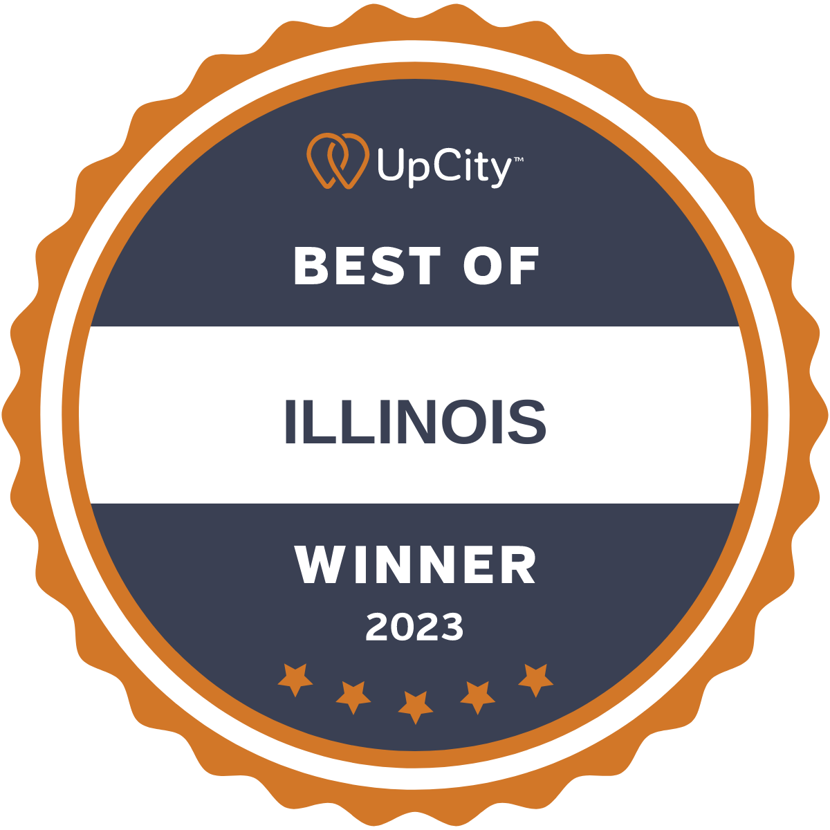 UpCity Best of Illinois Winner 2023 badge in navy, white, and orange