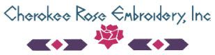 The logo for cherokee rose embroidery inc. has a pink rose on it.