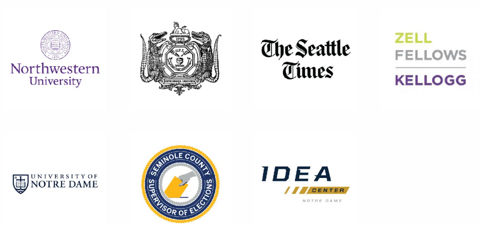 Logos for northwestern university , the seattle times , zell fellows , kellogg and idea