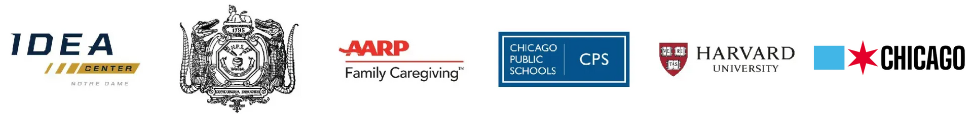Logos for IDEA, AARP, CDC, Harvard, and Chicago across a white banner