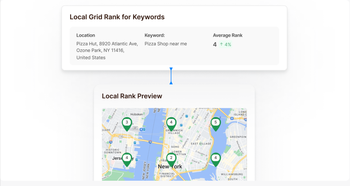 Local SEO rank dashboard above a map with green location pins and ranking markers