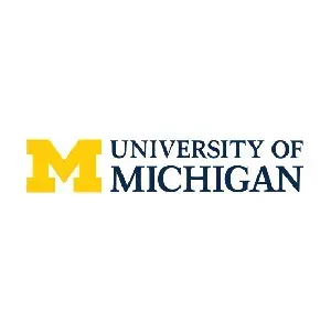 The university of michigan logo is yellow and blue on a white background.